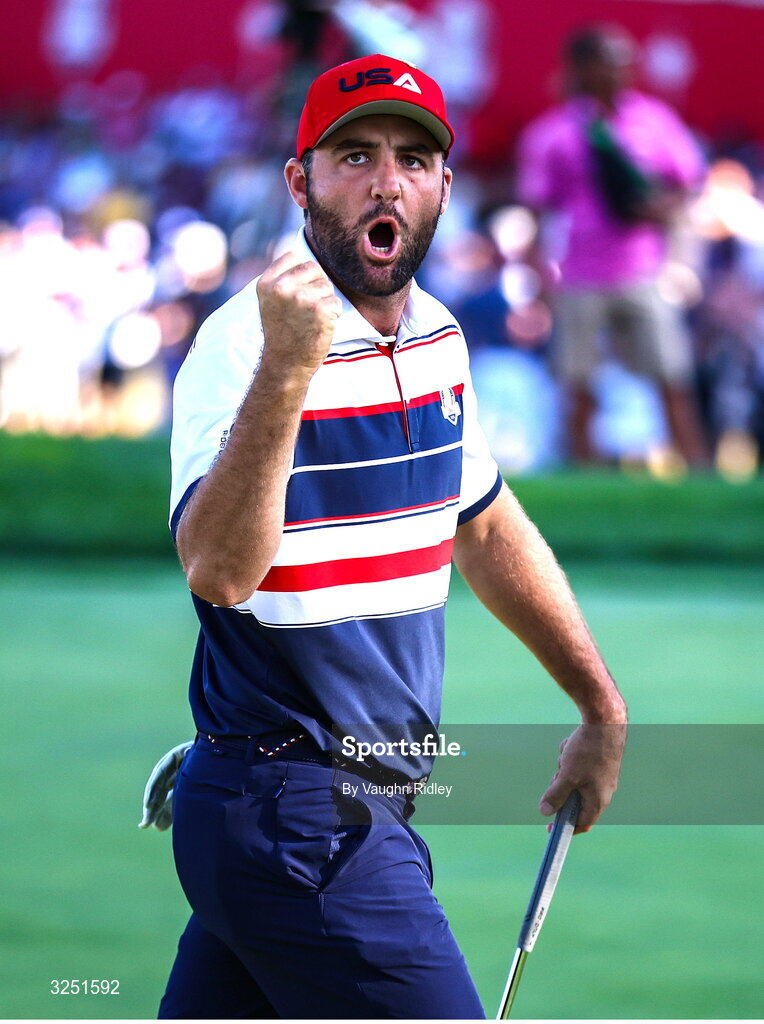 28 September 2025; Scottie Scheffler of USA celebrates a putt during the singles matches on day three of the 2025 Ryder Cup at Black Course at Bethpage State Park Golf Course in Farmingdale, New York, USA. Photo by Vaughn Ridley/Sportsfile