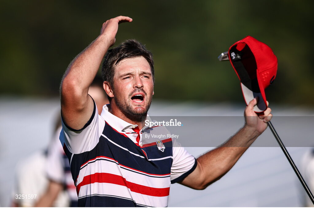 28 September 2025; Bryson DeChambeau of USA celebrates during the singles matches on day three of the 2025 Ryder Cup at Black Course at Bethpage State Park Golf Course in Farmingdale, New York, USA. Photo by Vaughn Ridley/Sportsfile