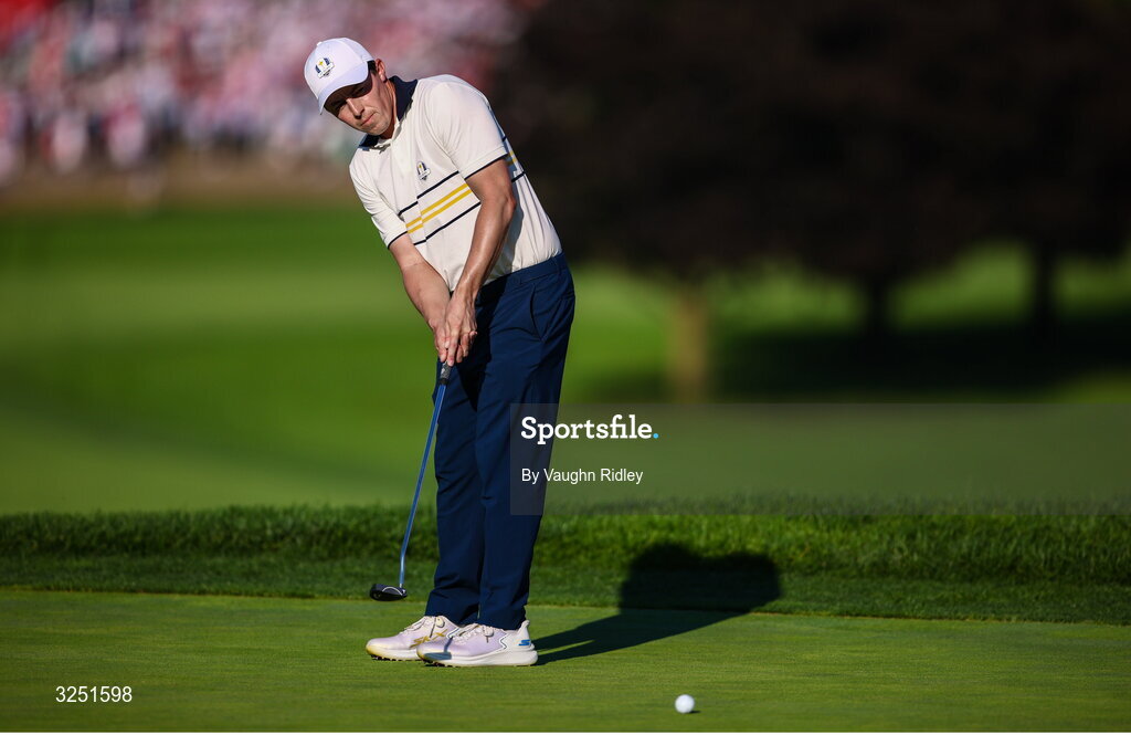 28 September 2025; Matt Fitzpatrick of Europe putts during the singles matches on day three of the 2025 Ryder Cup at Black Course at Bethpage State Park Golf Course in Farmingdale, New York, USA. Photo by Vaughn Ridley/Sportsfile