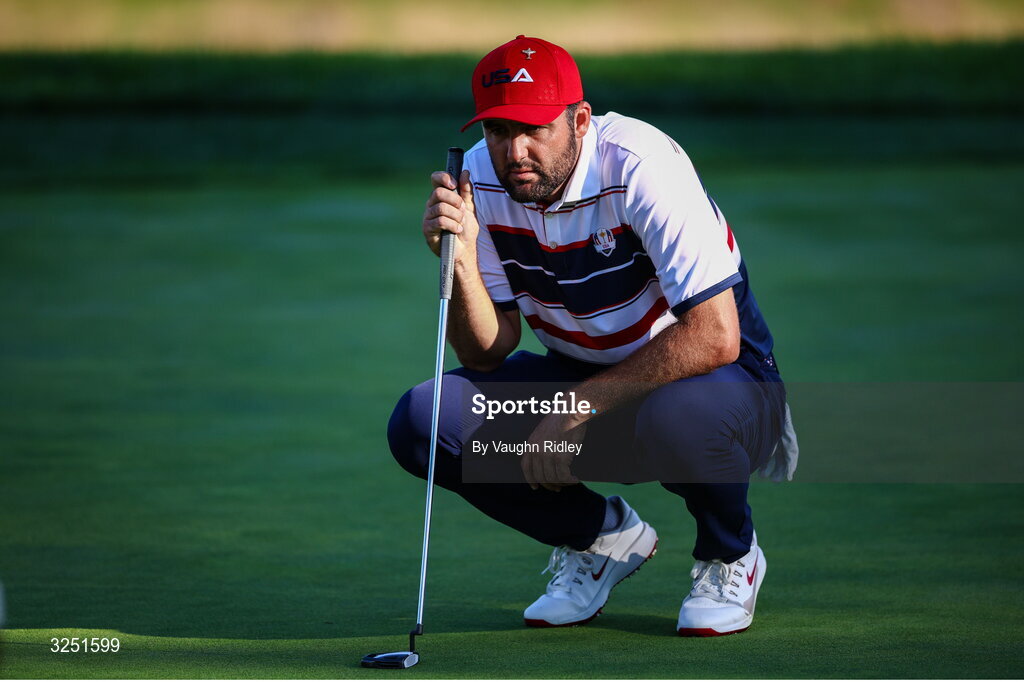 28 September 2025; Scottie Scheffler of USA during the singles matches on day three of the 2025 Ryder Cup at Black Course at Bethpage State Park Golf Course in Farmingdale, New York, USA. Photo by Vaughn Ridley/Sportsfile