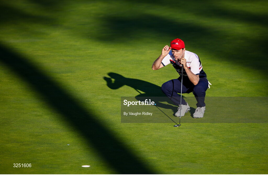 28 September 2025; Russell Henley of USA lines up a putt during the singles matches on day three of the 2025 Ryder Cup at Black Course at Bethpage State Park Golf Course in Farmingdale, New York, USA. Photo by Vaughn Ridley/Sportsfile
