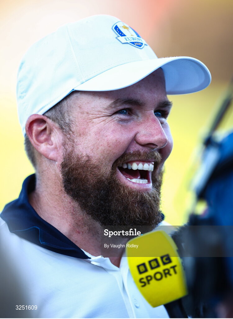 28 September 2025; Shane Lowry of Europe is interviewed for BBC Sport after the singles matches on day three of the 2025 Ryder Cup at Black Course at Bethpage State Park Golf Course in Farmingdale, New York, USA. Photo by Vaughn Ridley/Sportsfile