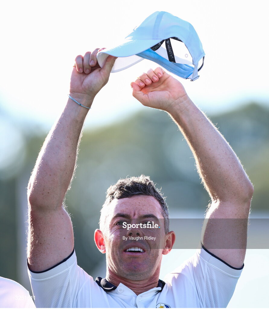 28 September 2025; Rory McIlroy of Europe celebratea after the singles matches on day three of the 2025 Ryder Cup at Black Course at Bethpage State Park Golf Course in Farmingdale, New York, USA. Photo by Vaughn Ridley/Sportsfile