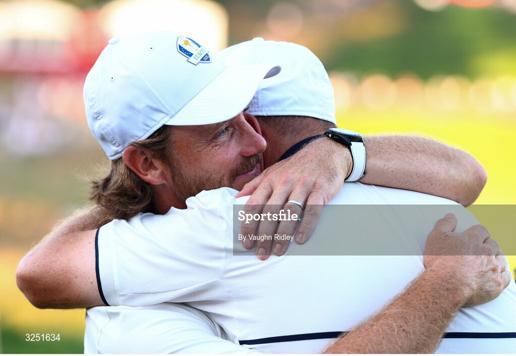 28 September 2025; Tommy Fleetwood, left, and Shane Lowry of Europe after the singles matches on day three of the 2025 Ryder Cup at Black Course at Bethpage State Park Golf Course in Farmingdale, New York, USA. Photo by Vaughn Ridley/Sportsfile
