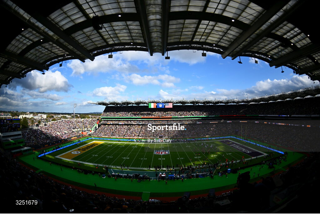 28 September 2025; A general view of the stadium during the national anthems before the 2025 NFL International Game between the Pittsburgh Steelers and the Minnesota Vikings at Croke Park in Dublin. Photo by Seb Daly/Sportsfile