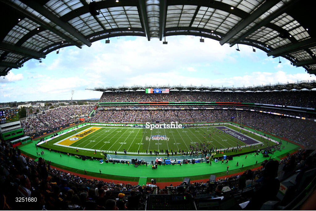 28 September 2025; A general view of the stadium during the national anthems before the 2025 NFL International Game between the Pittsburgh Steelers and the Minnesota Vikings at Croke Park in Dublin. Photo by Seb Daly/Sportsfile
