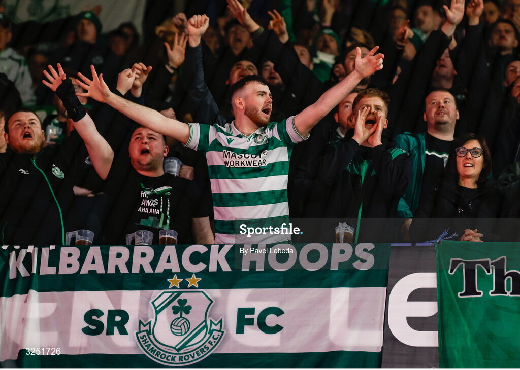 2 October 2025; Shamrock Rovers supporters before the UEFA Conference League 2025/26 league phase match between Sparta Praha and Shamrock Rovers at epet ARENA in Prague, Czechia. Photo by Pavel Lebeda/Sportsfile