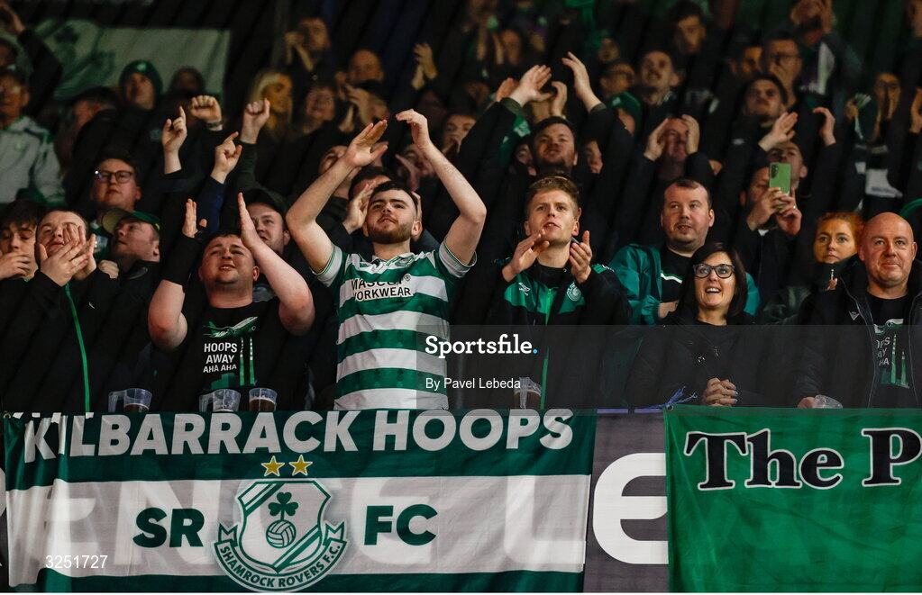 2 October 2025; Shamrock Rovers supporters before the UEFA Conference League 2025/26 league phase match between Sparta Praha and Shamrock Rovers at epet ARENA in Prague, Czechia. Photo by Pavel Lebeda/Sportsfile