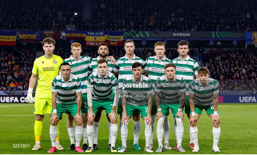 2 October 2025; The Shamrock Rovers team before the UEFA Conference League 2025/26 league phase match between Sparta Praha and Shamrock Rovers at epet ARENA in Prague, Czechia. Photo by Pavel Lebeda/Sportsfile