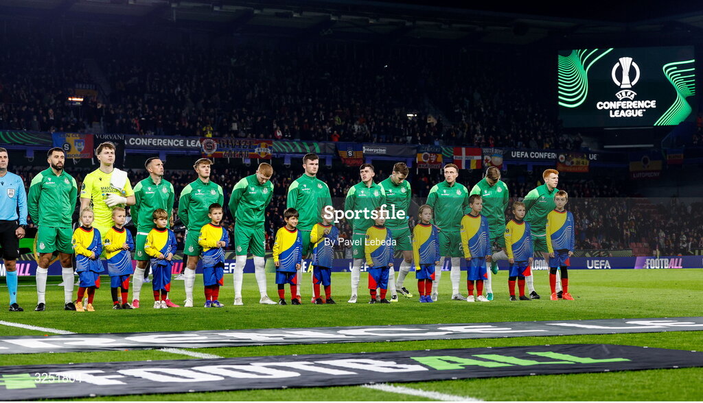 2 October 2025; The Shamrock Rovers team before the UEFA Conference League 2025/26 league phase match between Sparta Praha and Shamrock Rovers at epet ARENA in Prague, Czechia. Photo by Pavel Lebeda/Sportsfile