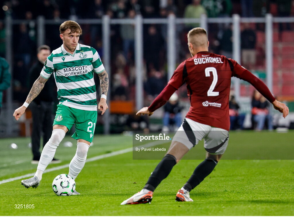 2 October 2025; Danny Grant of Shamrock Rovers in action against Martin Suchomel of Sparta Praha during the UEFA Conference League 2025/26 league phase match between Sparta Praha and Shamrock Rovers at epet ARENA in Prague, Czechia. Photo by Pavel Lebeda/Sportsfile