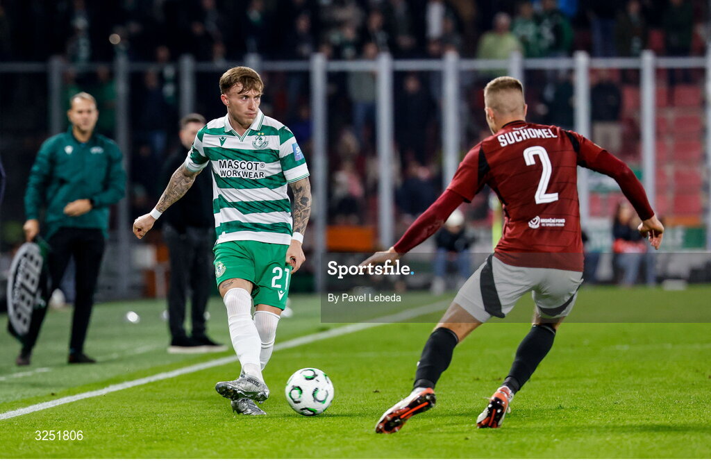 2 October 2025; Danny Grant of Shamrock Rovers in action against Martin Suchomel of Sparta Praha during the UEFA Conference League 2025/26 league phase match between Sparta Praha and Shamrock Rovers at epet ARENA in Prague, Czechia. Photo by Pavel Lebeda/Sportsfile