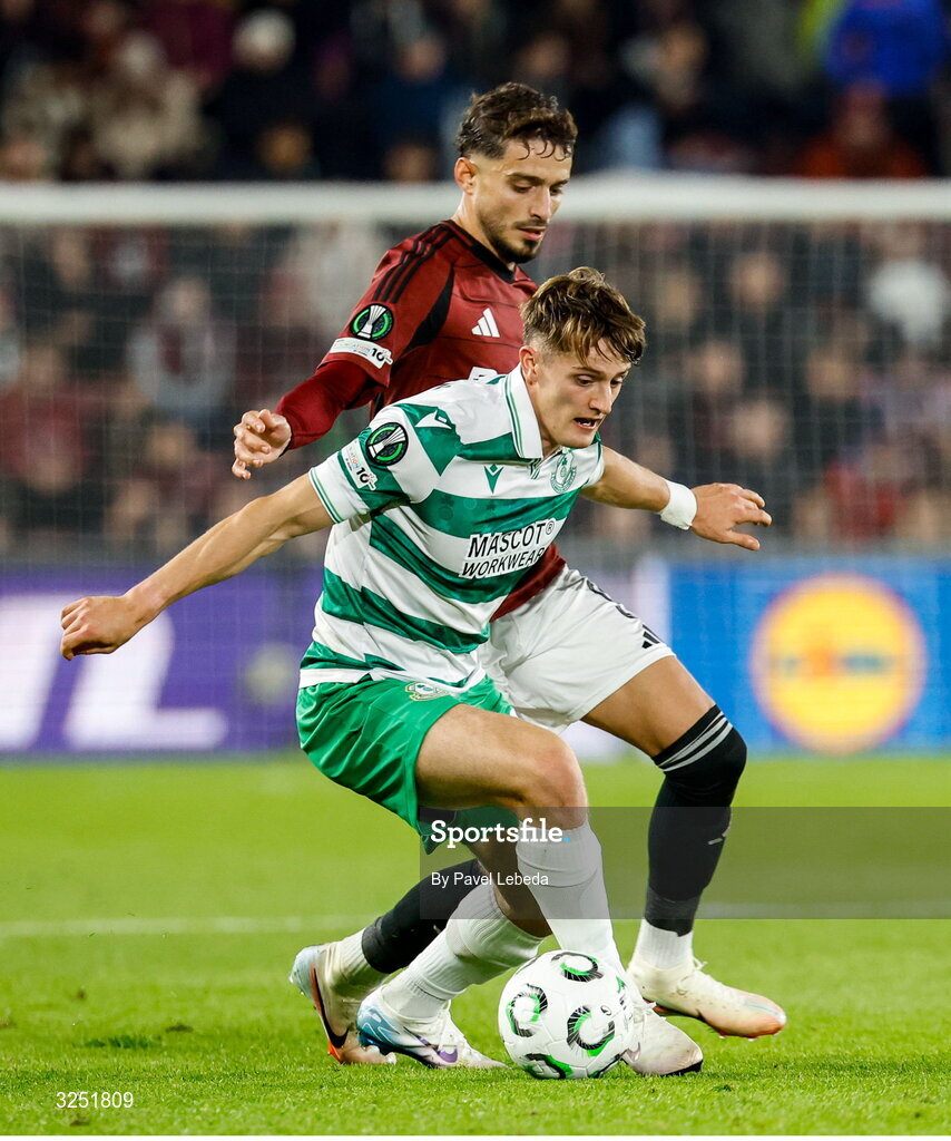 2 October 2025; John McGovern of Shamrock Rovers in action against Albion Rrahmani of Sparta Praha during the UEFA Conference League 2025/26 league phase match between Sparta Praha and Shamrock Rovers at epet ARENA in Prague, Czechia. Photo by Pavel Lebeda/Sportsfile