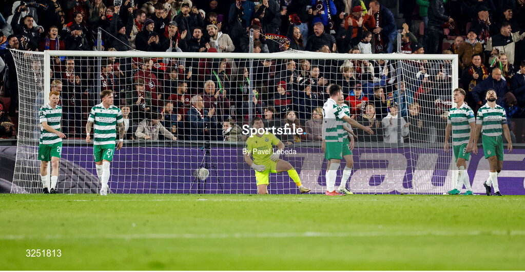 2 October 2025; Shamrock Rovers players, including goalkeeper Ed McGinty react after their side conceded their first goal during the UEFA Conference League 2025/26 league phase match between Sparta Praha and Shamrock Rovers at epet ARENA in Prague, Czechia. Photo by Pavel Lebeda/Sportsfile