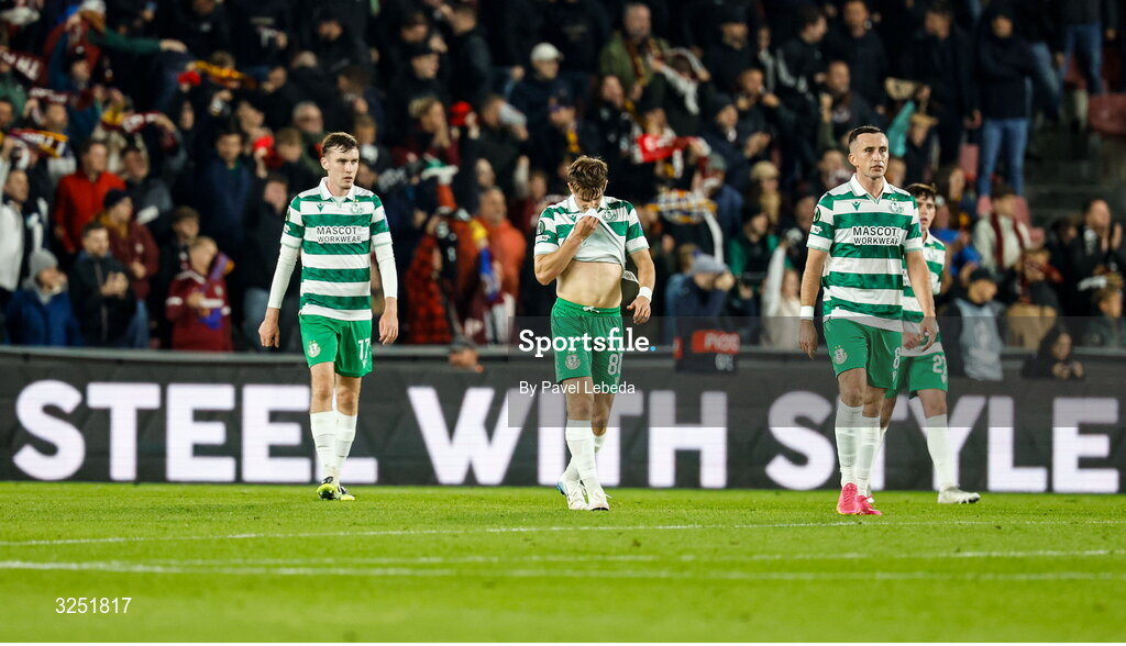 2 October 2025; Shamrock Rovers players, from left, Matt Healy, John McGovern and Aaron McEneff react after their side conceded their first goal during the UEFA Conference League 2025/26 league phase match between Sparta Praha and Shamrock Rovers at epet ARENA in Prague, Czechia. Photo by Pavel Lebeda/Sportsfile