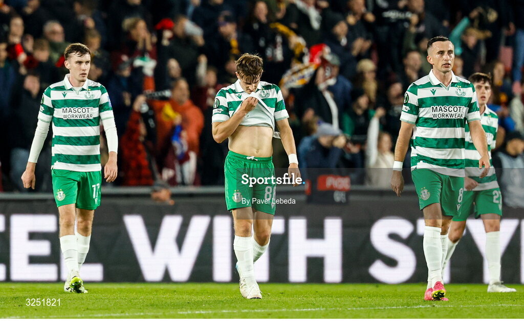 2 October 2025; Shamrock Rovers players, from left, Matt Healy, John McGovern and Aaron McEneff react after their side conceded their first goal during the UEFA Conference League 2025/26 league phase match between Sparta Praha and Shamrock Rovers at epet ARENA in Prague, Czechia. Photo by Pavel Lebeda/Sportsfile