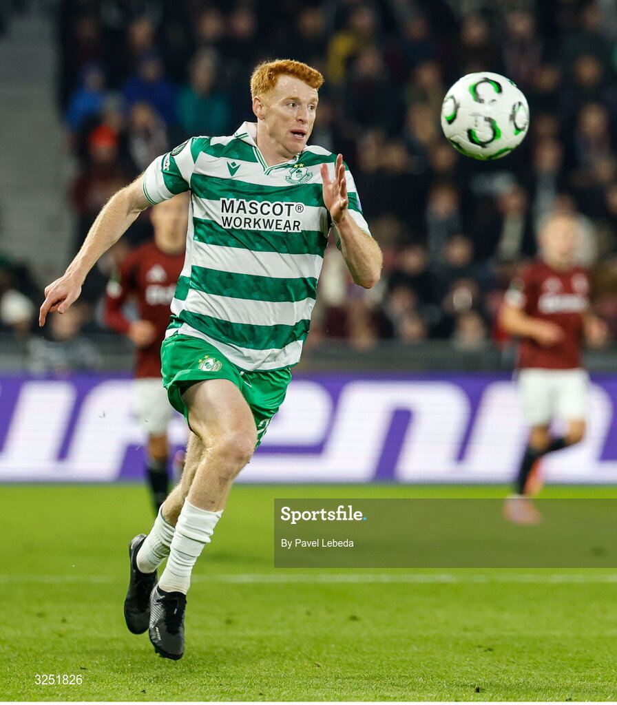 2 October 2025; Rory Gaffney of Shamrock Rovers during the UEFA Conference League 2025/26 league phase match between Sparta Praha and Shamrock Rovers at epet ARENA in Prague, Czechia. Photo by Pavel Lebeda/Sportsfile