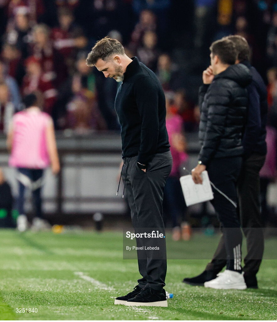 2 October 2025; Shamrock Rovers manager Stephen Bradley during the UEFA Conference League 2025/26 league phase match between Sparta Praha and Shamrock Rovers at epet ARENA in Prague, Czechia. Photo by Pavel Lebeda/Sportsfile
