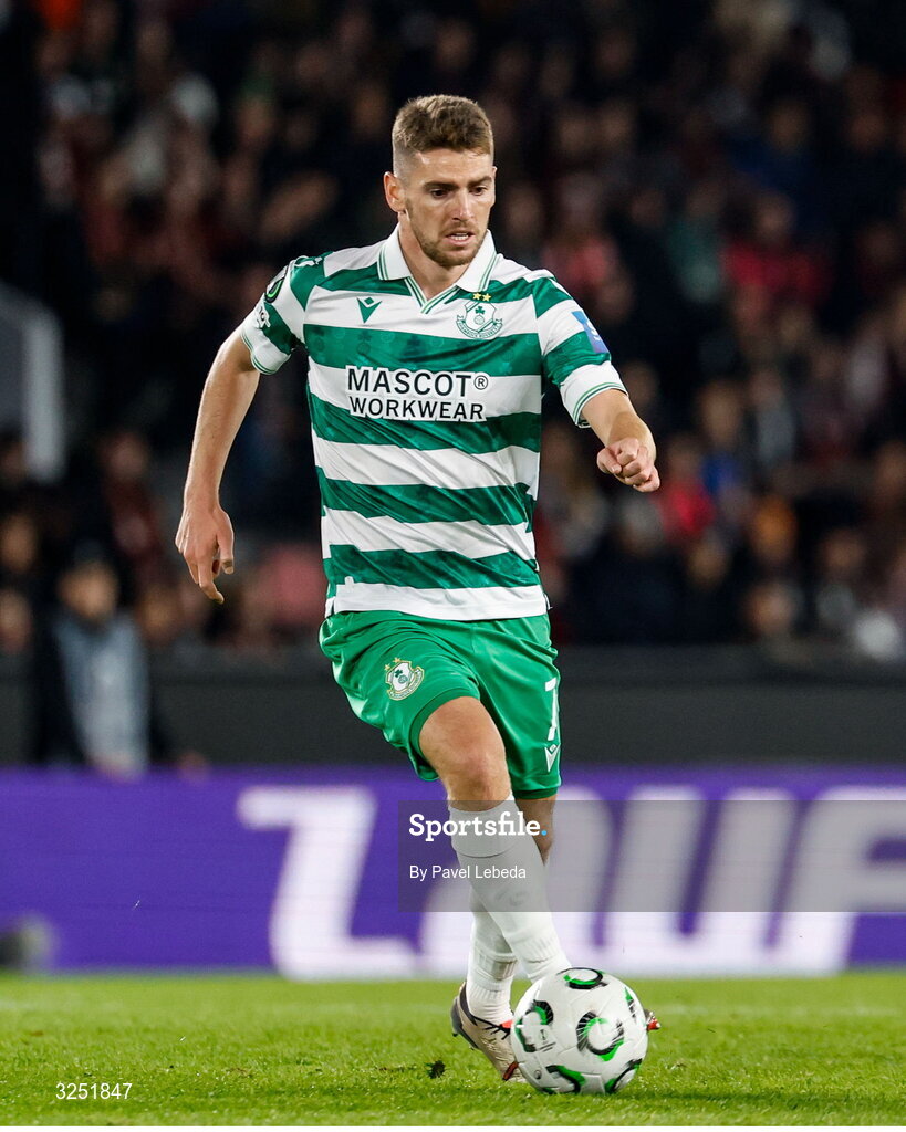 2 October 2025; Dylan Watts of Shamrock Rovers during the UEFA Conference League 2025/26 league phase match between Sparta Praha and Shamrock Rovers at epet ARENA in Prague, Czechia. Photo by Pavel Lebeda/Sportsfile