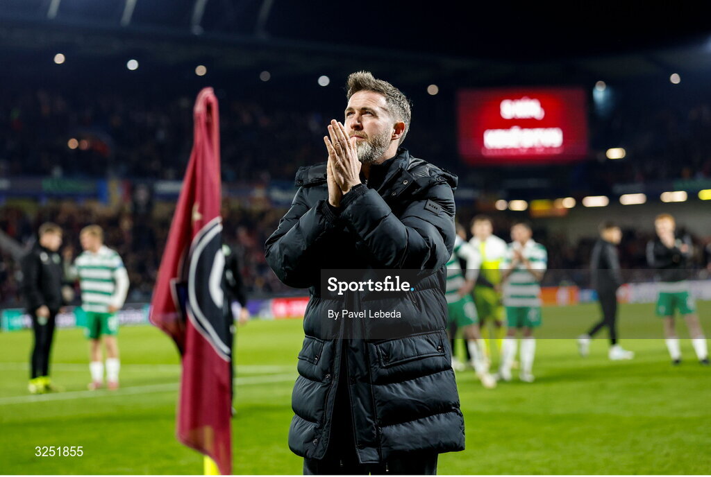 2 October 2025; Shamrock Rovers manager Stephen Bradley reacts after his side's defeat in the UEFA Conference League 2025/26 league phase match between Sparta Praha and Shamrock Rovers at epet ARENA in Prague, Czechia. Photo by Pavel Lebeda/Sportsfile
