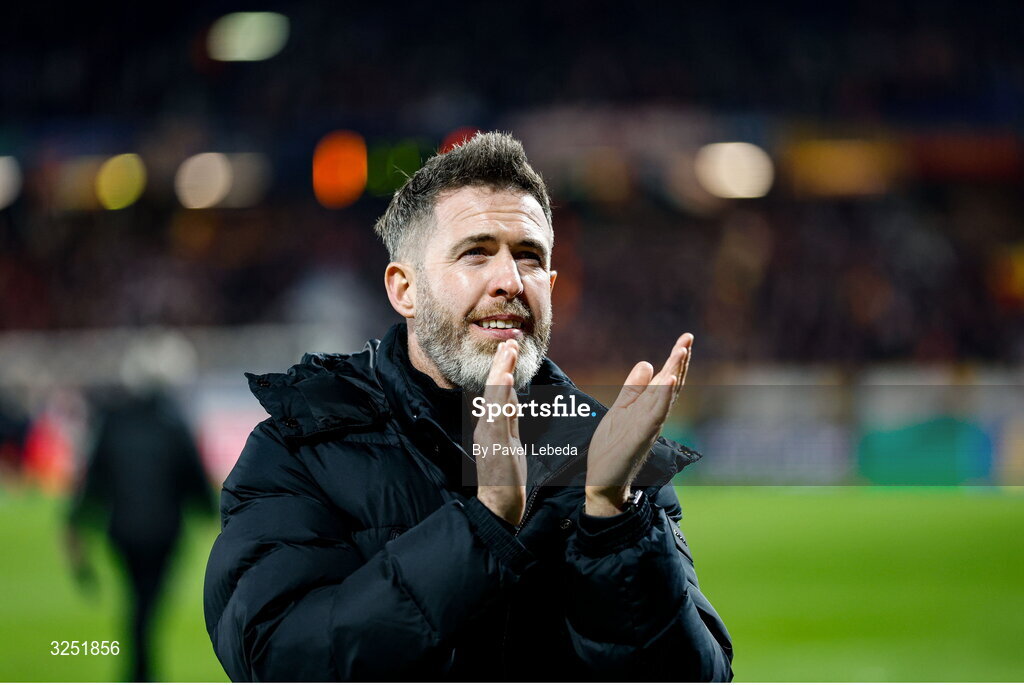 2 October 2025; Shamrock Rovers manager Stephen Bradley reacts after his side's defeat in the UEFA Conference League 2025/26 league phase match between Sparta Praha and Shamrock Rovers at epet ARENA in Prague, Czechia. Photo by Pavel Lebeda/Sportsfile