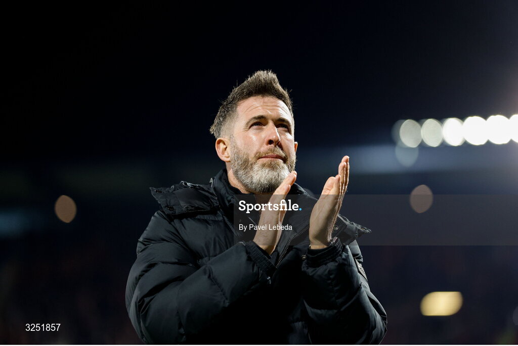 2 October 2025; Shamrock Rovers manager Stephen Bradley reacts after his side's defeat in the UEFA Conference League 2025/26 league phase match between Sparta Praha and Shamrock Rovers at epet ARENA in Prague, Czechia. Photo by Pavel Lebeda/Sportsfile