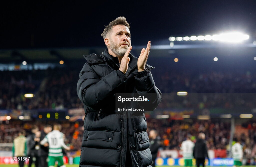 2 October 2025; Shamrock Rovers manager Stephen Bradley reacts after his side's defeat in the UEFA Conference League 2025/26 league phase match between Sparta Praha and Shamrock Rovers at epet ARENA in Prague, Czechia. Photo by Pavel Lebeda/Sportsfile