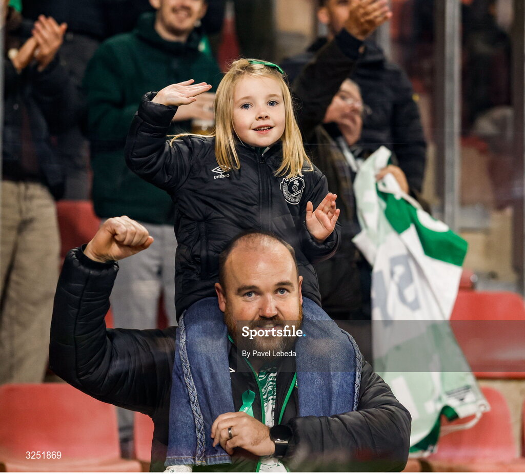 2 October 2025; Shamrock Rovers supporters after the UEFA Conference League 2025/26 league phase match between Sparta Praha and Shamrock Rovers at epet ARENA in Prague, Czechia. Photo by Pavel Lebeda/Sportsfile