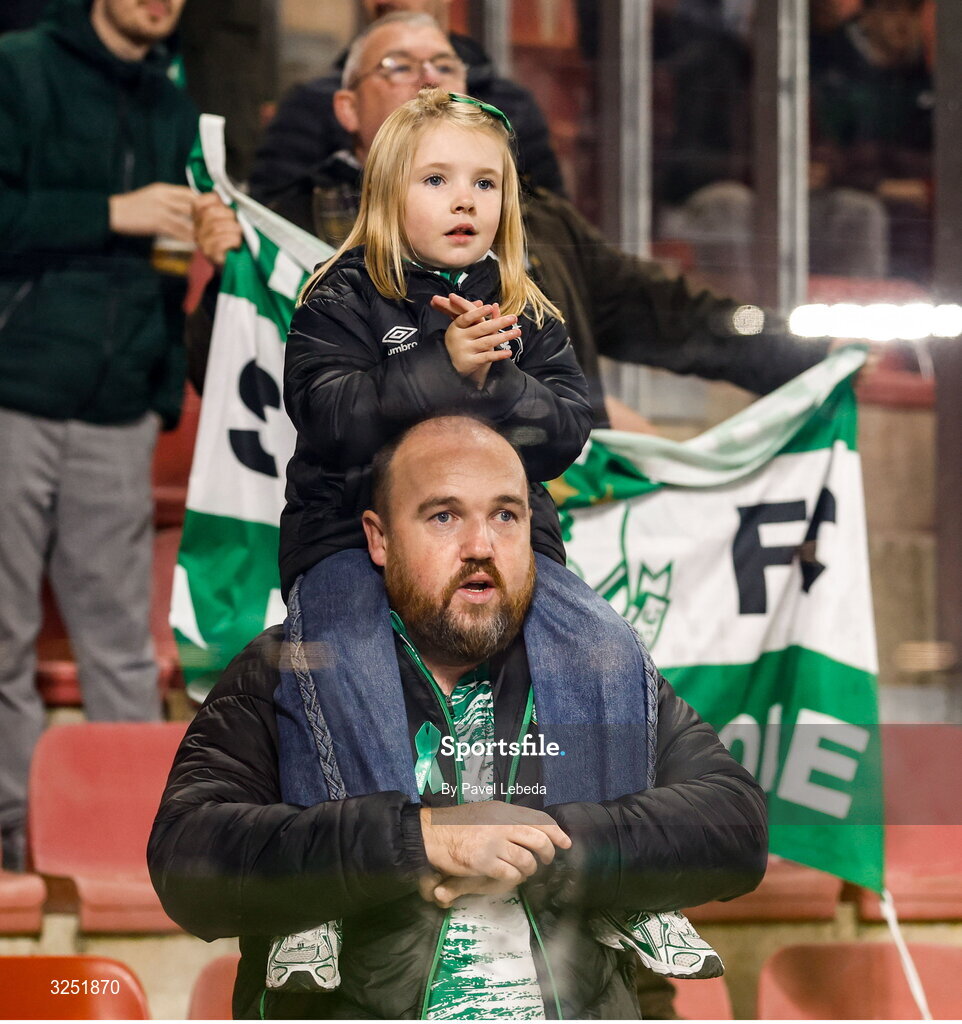 2 October 2025; Shamrock Rovers supporters after the UEFA Conference League 2025/26 league phase match between Sparta Praha and Shamrock Rovers at epet ARENA in Prague, Czechia. Photo by Pavel Lebeda/Sportsfile
