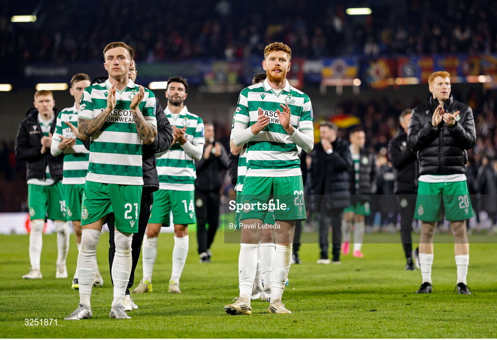 2 October 2025; Shamrock Rovers players Danny Grant, left, and Conor Malley applaud their supporters after losing the UEFA Conference League 2025/26 league phase match between Sparta Praha and Shamrock Rovers at epet ARENA in Prague, Czechia. Photo by Pavel Lebeda/Sportsfile