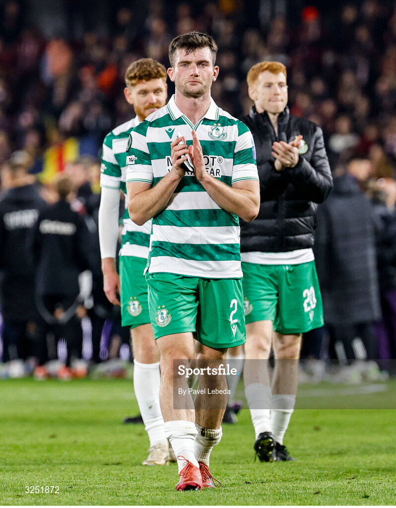 2 October 2025; Josh Honohan of Shamrock Rovers applauds the supporters after defeat in the UEFA Conference League 2025/26 league phase match between Sparta Praha and Shamrock Rovers at epet ARENA in Prague, Czechia. Photo by Pavel Lebeda/Sportsfile