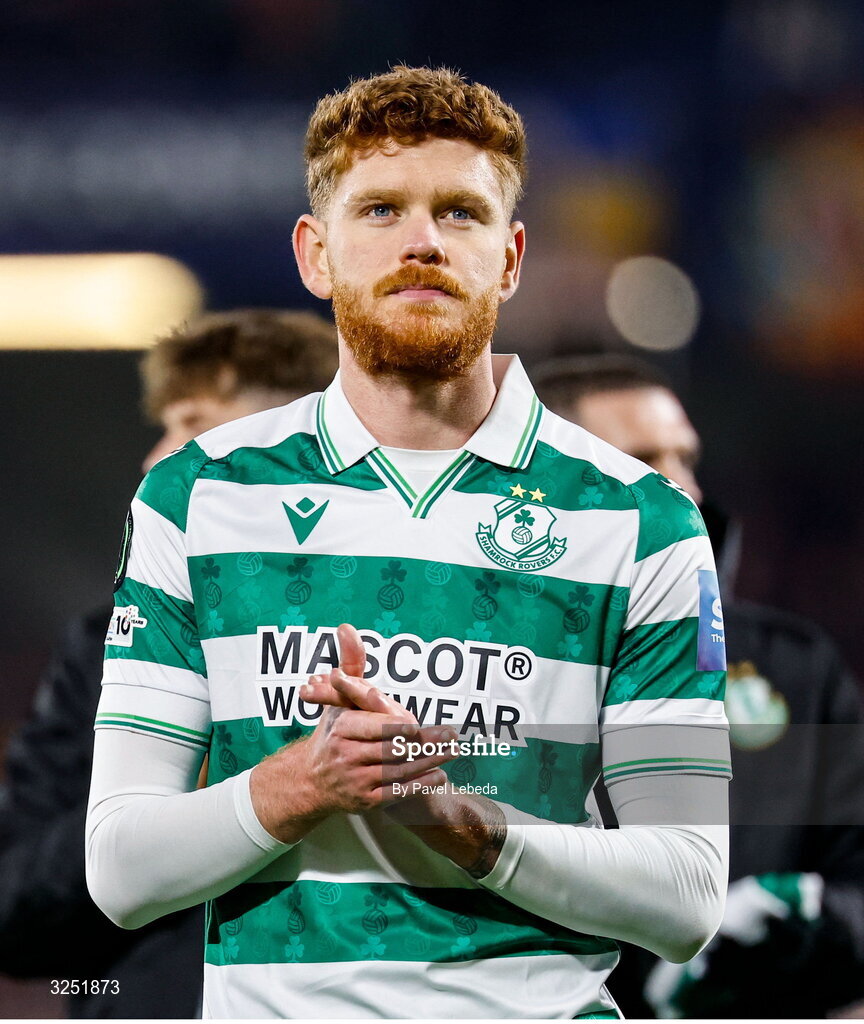 2 October 2025; Conor Malley of Shamrock Rovers applauds supporters after defeat in the UEFA Conference League 2025/26 league phase match between Sparta Praha and Shamrock Rovers at epet ARENA in Prague, Czechia. Photo by Pavel Lebeda/Sportsfile