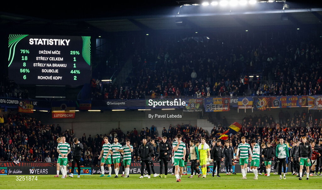 2 October 2025; Shamrock Rovers players leave the pitch after losing the UEFA Conference League 2025/26 league phase match between Sparta Praha and Shamrock Rovers at epet ARENA in Prague, Czechia. Photo by Pavel Lebeda/Sportsfile