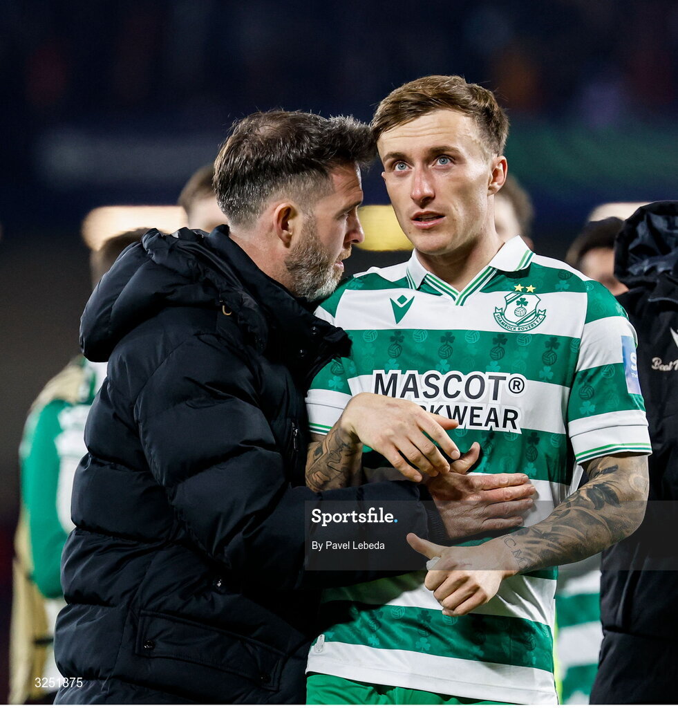 2 October 2025; Shamrock Rovers manager Stephen Bradley and Danny Grant after the UEFA Conference League 2025/26 league phase match between Sparta Praha and Shamrock Rovers at epet ARENA in Prague, Czechia. Photo by Pavel Lebeda/Sportsfile