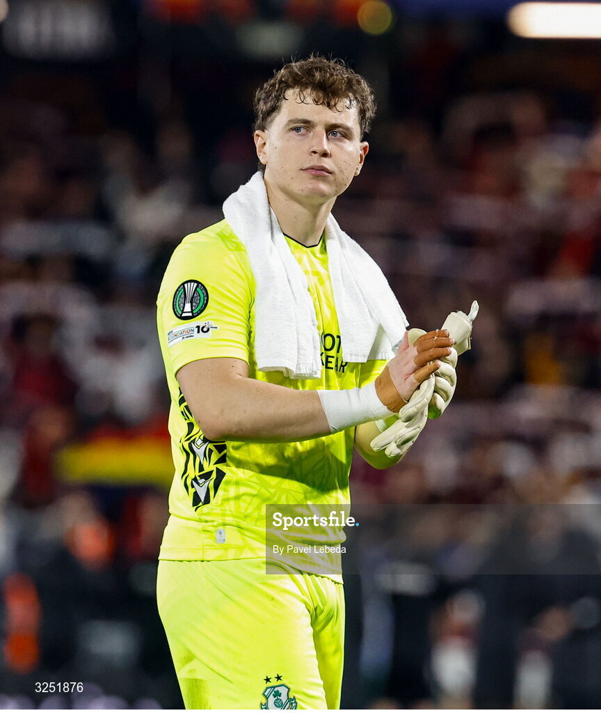 2 October 2025; Shamrock Rovers goalkeeper Ed McGinty reacts after his side's defeat in the UEFA Conference League 2025/26 league phase match between Sparta Praha and Shamrock Rovers at epet ARENA in Prague, Czechia. Photo by Pavel Lebeda/Sportsfile