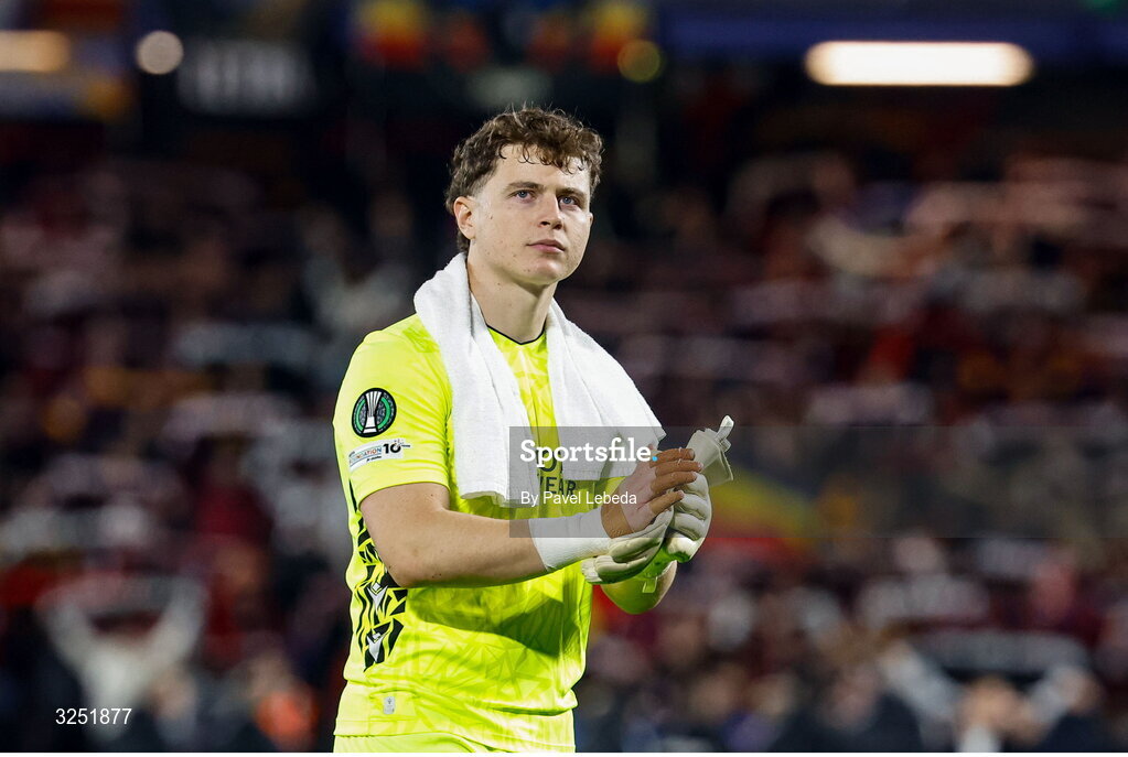 2 October 2025; Shamrock Rovers goalkeeper Ed McGinty reacts after his side's defeat in the UEFA Conference League 2025/26 league phase match between Sparta Praha and Shamrock Rovers at epet ARENA in Prague, Czechia. Photo by Pavel Lebeda/Sportsfile