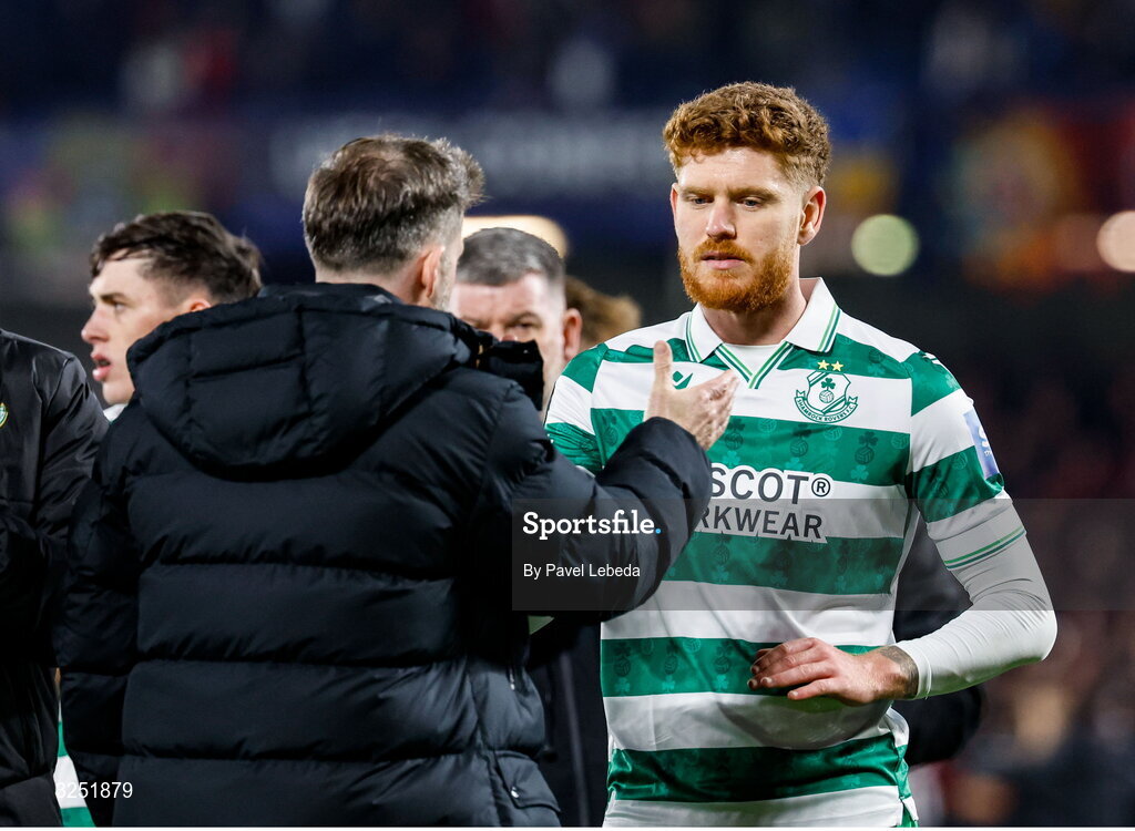 2 October 2025; Shamrock Rovers manager Stephen Bradley and Conor Malley after the UEFA Conference League 2025/26 league phase match between Sparta Praha and Shamrock Rovers at epet ARENA in Prague, Czechia. Photo by Pavel Lebeda/Sportsfile