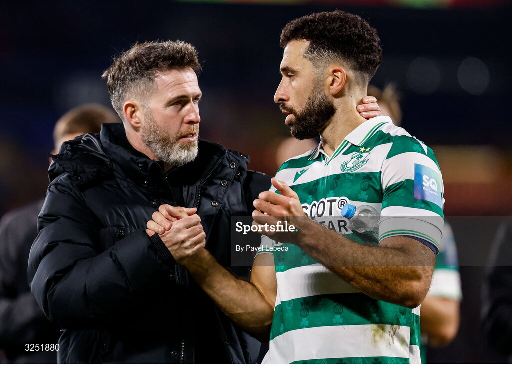 2 October 2025; Shamrock Rovers manager Stephen Bradley and Roberto Lopez after the UEFA Conference League 2025/26 league phase match between Sparta Praha and Shamrock Rovers at epet ARENA in Prague, Czechia. Photo by Pavel Lebeda/Sportsfile