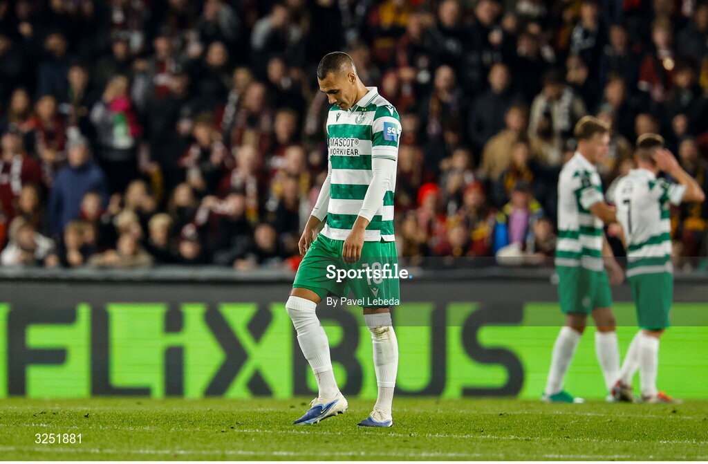 2 October 2025; Graham Burke of Shamrock Rovers after the UEFA Conference League 2025/26 league phase match between Sparta Praha and Shamrock Rovers at epet ARENA in Prague, Czechia. Photo by Pavel Lebeda/Sportsfile