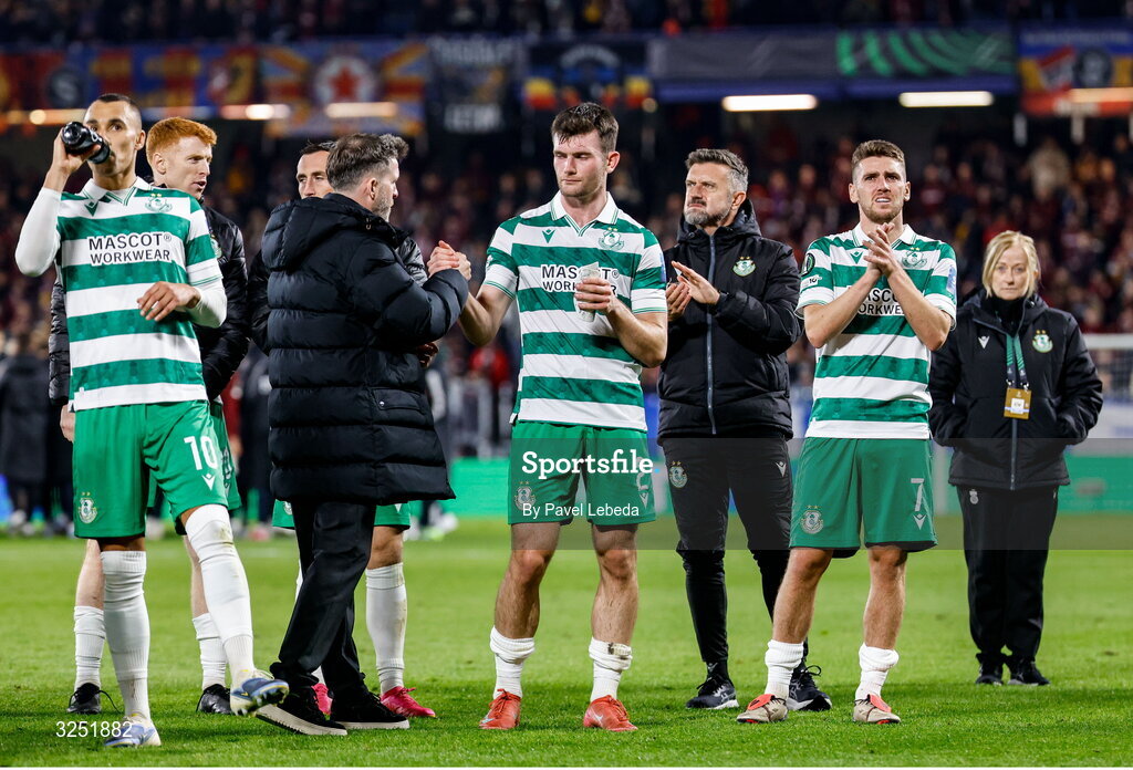 2 October 2025; Shamrock Rovers manager Stephen Bradley and Josh Honohan after the UEFA Conference League 2025/26 league phase match between Sparta Praha and Shamrock Rovers at epet ARENA in Prague, Czechia. Photo by Pavel Lebeda/Sportsfile
