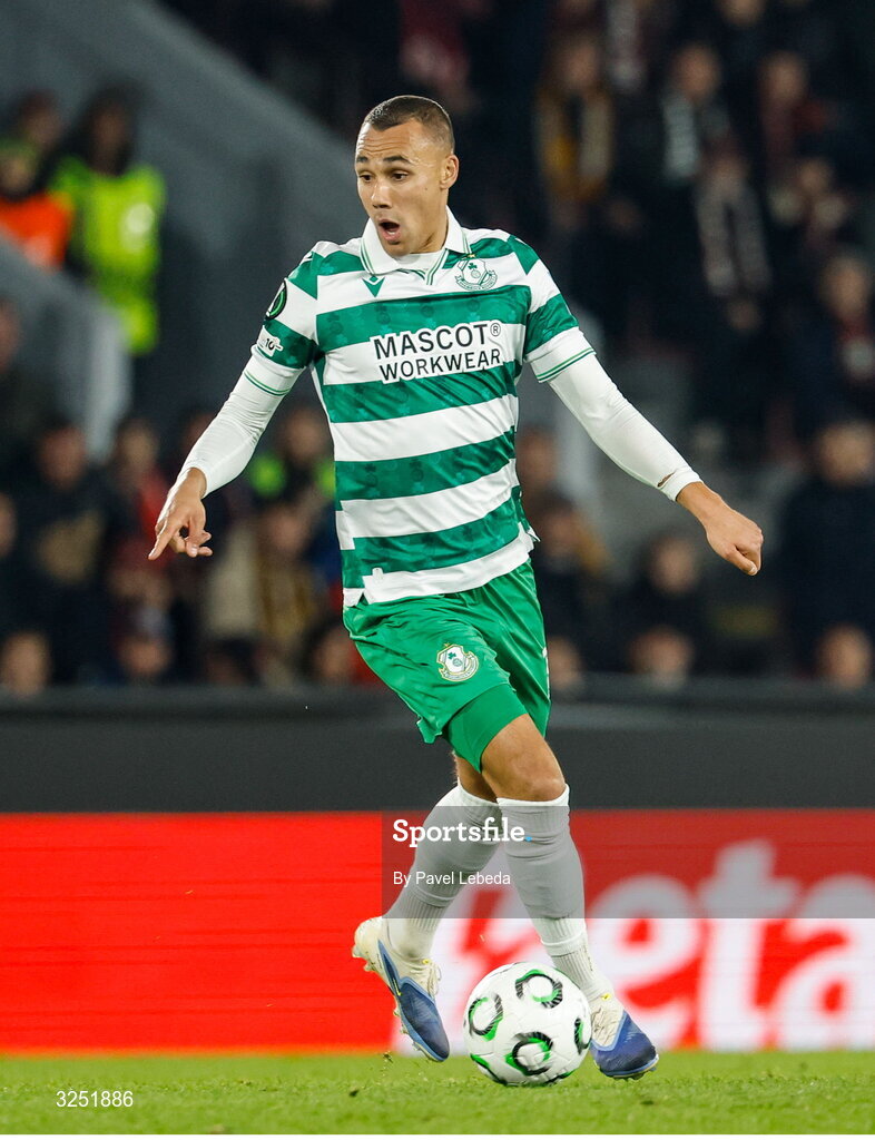 2 October 2025; Graham Burke of Shamrock Rovers in action during the UEFA Conference League 2025/26 league phase match between Sparta Praha and Shamrock Rovers at epet ARENA in Prague, Czechia. Photo by Pavel Lebeda/Sportsfile