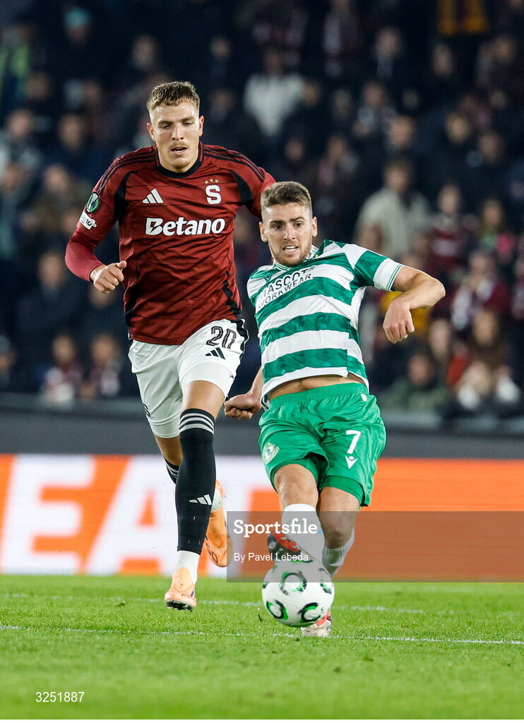 2 October 2025; Dylan Watts of Shamrock Rovers during the UEFA Conference League 2025/26 league phase match between Sparta Praha and Shamrock Rovers at epet ARENA in Prague, Czechia. Photo by Pavel Lebeda/Sportsfile