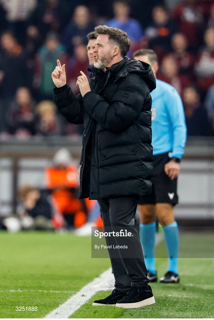 2 October 2025; Shamrock Rovers manager Stephen Bradley during the UEFA Conference League 2025/26 league phase match between Sparta Praha and Shamrock Rovers at epet ARENA in Prague, Czechia. Photo by Pavel Lebeda/Sportsfile