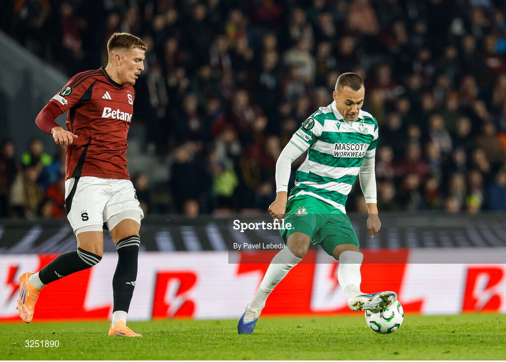 2 October 2025; Graham Burke of Shamrock Rovers in action during the UEFA Conference League 2025/26 league phase match between Sparta Praha and Shamrock Rovers at epet ARENA in Prague, Czechia. Photo by Pavel Lebeda/Sportsfile