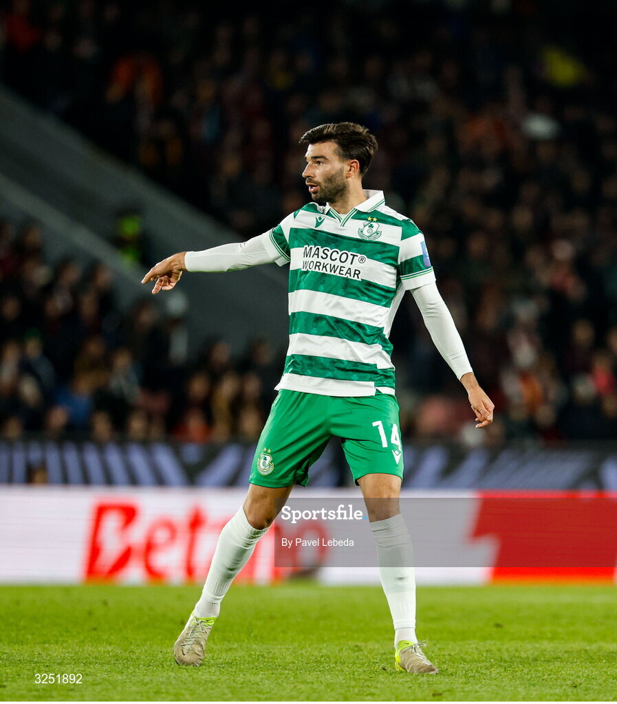 2 October 2025; Danny Mandroiu of Shamrock Rovers during the UEFA Conference League 2025/26 league phase match between Sparta Praha and Shamrock Rovers at epet ARENA in Prague, Czechia. Photo by Pavel Lebeda/Sportsfile