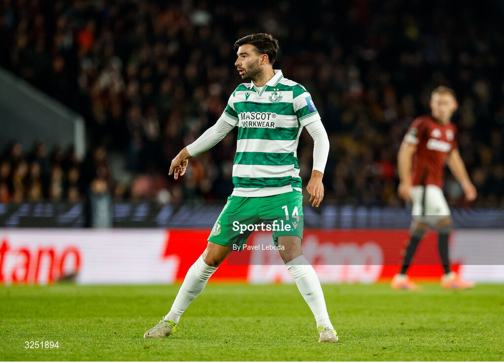 2 October 2025; Danny Mandroiu of Shamrock Rovers during the UEFA Conference League 2025/26 league phase match between Sparta Praha and Shamrock Rovers at epet ARENA in Prague, Czechia. Photo by Pavel Lebeda/Sportsfile