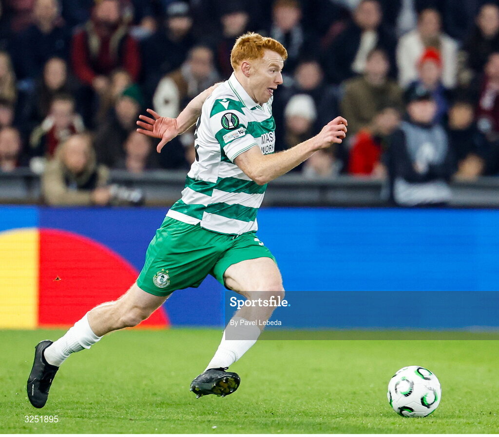 2 October 2025; Rory Gaffney of Shamrock Rovers during the UEFA Conference League 2025/26 league phase match between Sparta Praha and Shamrock Rovers at epet ARENA in Prague, Czechia. Photo by Pavel Lebeda/Sportsfile