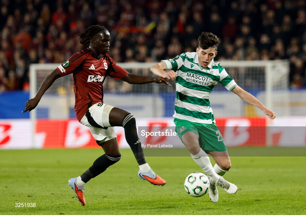 2 October 2025; Cory O'Sullivan of Shamrock Rovers in action against Garang Kuol of Sparta Praha during the UEFA Conference League 2025/26 league phase match between Sparta Praha and Shamrock Rovers at epet ARENA in Prague, Czechia. Photo by Pavel Lebeda/Sportsfile