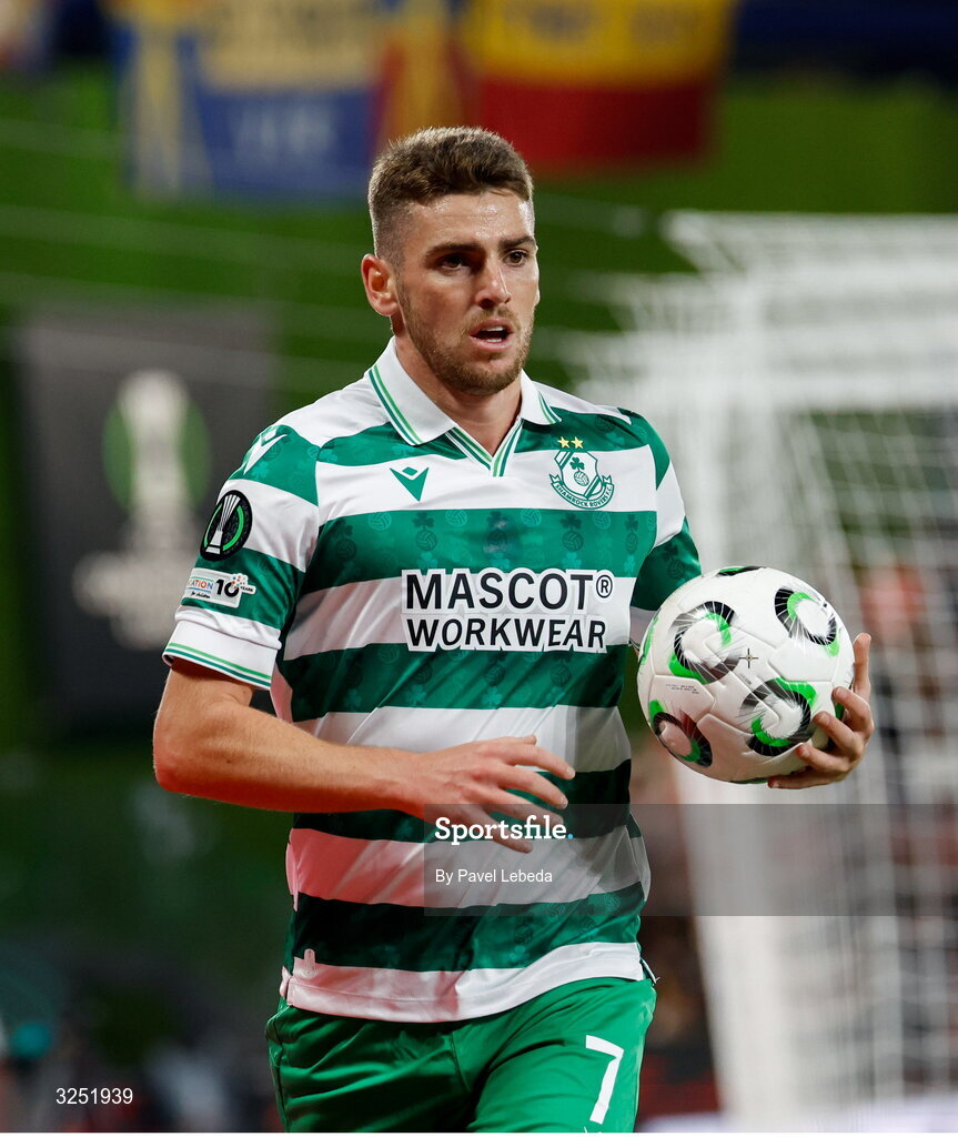 2 October 2025; Dylan Watts of Shamrock Rovers during the UEFA Conference League 2025/26 league phase match between Sparta Praha and Shamrock Rovers at epet ARENA in Prague, Czechia. Photo by Pavel Lebeda/Sportsfile