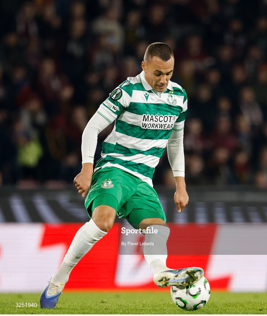 2 October 2025; Graham Burke of Shamrock Rovers during the UEFA Conference League 2025/26 league phase match between Sparta Praha and Shamrock Rovers at epet ARENA in Prague, Czechia. Photo by Pavel Lebeda/Sportsfile